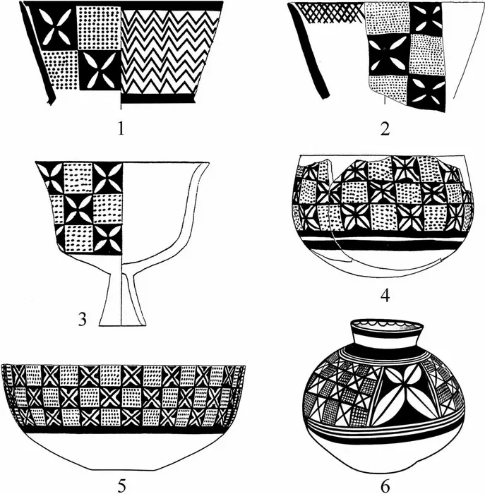 Figure 4) Small flowers with four petals inside black squares of a checkerboard pattern