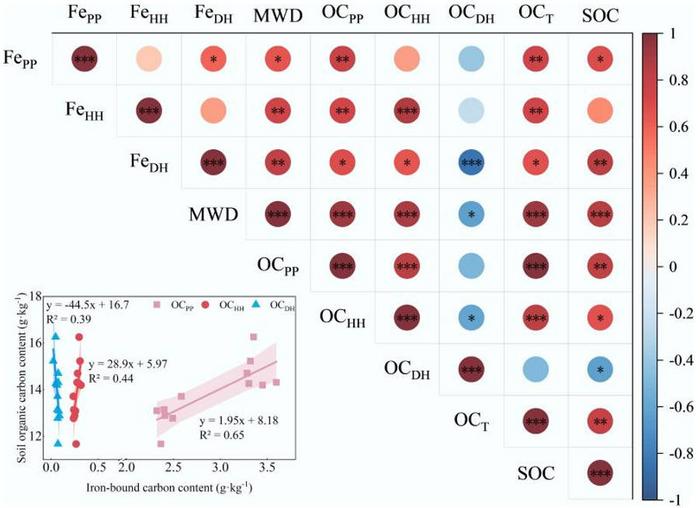 Correlation analysis between different indicators and SOC, and linear correlation between iron-bound carbon content and SOC content.