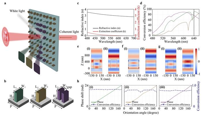 Figure 1 | Design and optical performance of the dual-functional metasurface.