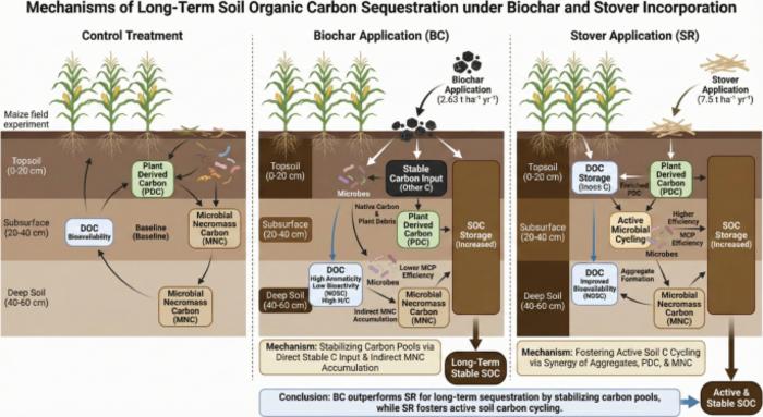 Divergent carbon sequestration pathways: biochar and maize stover mediate DOC properties and soil carbon accumulation