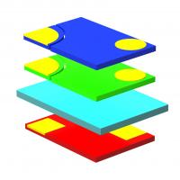 Exploded view of the tandem micro-LED structure, including red, green, and blue micro-LEDs and a filter layer.