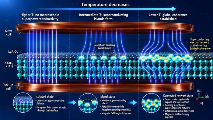 A schematic drawing to illustrate the diamagnetic response and establishment of superconductivity in LaAlO3/KTaO3(111) heterointerfaces.