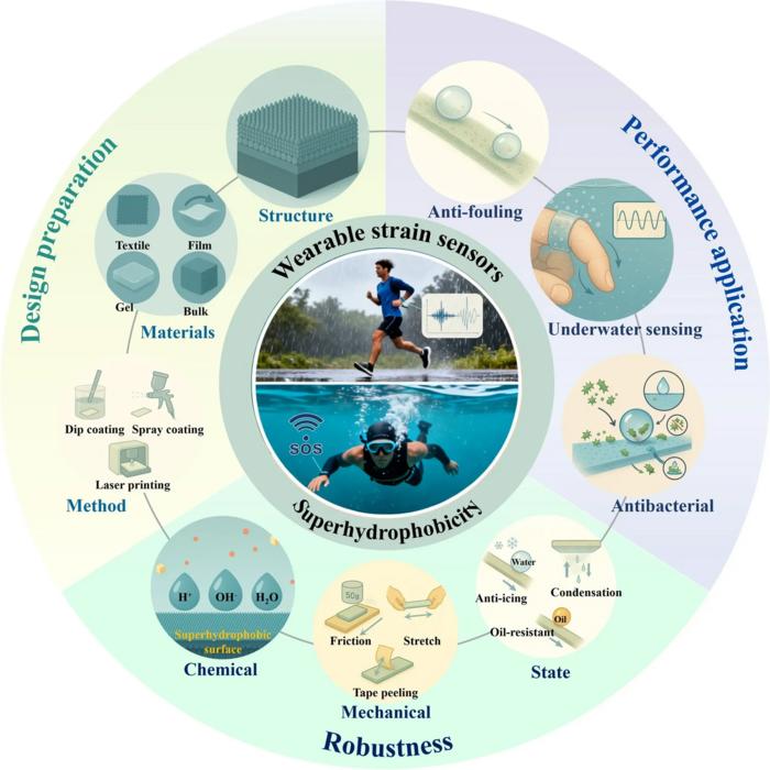 Schematic illustration of the design preparation, performance application, and robustness of a superhydrophobic wearable strain sensors
