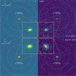 Stacked images of interstellar comet 3I/ATLAS acquired with UVOT, two visits.