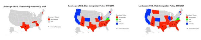 Map of U.S. states with state anti-sanctuary and sanctuary policies, 2009−2023