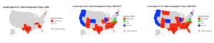 Map of U.S. states with state anti-sanctuary and sanctuary policies, 2009−2023
