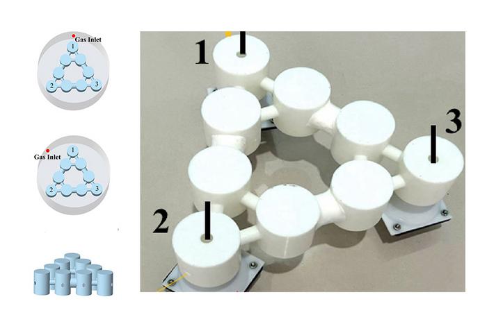 Right: Helium detection device inspired by Kagome-biki. Left: The device's triangular structure helps determine the location of helium leaks in a 2D space.