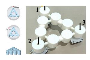 Right: Helium detection device inspired by Kagome-biki. Left: The device's triangular structure helps determine the location of helium leaks in a 2D space.