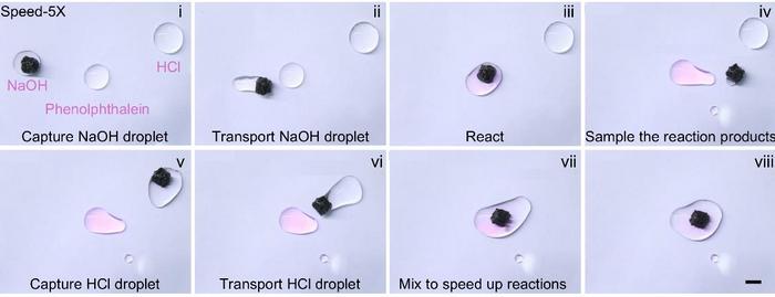 A magnetic microrobot pulls fluid droplets together, triggering a chemical reaction.