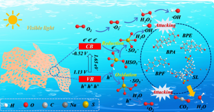 C-defective and C–O band ultrathin porous g-C3N4 photothermal-catalytic synergistic PMS degradation of bisphenol pollutants and sodium lignosulfonate.