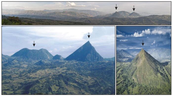 Volcanic cone-like landforms of the Combia Volcanic Province in Colombia (South America).