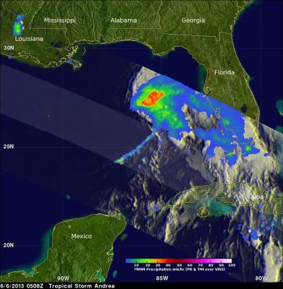 TRMM Showed That Andrea Had a Large Area of Moderate to Heavy Rainfall