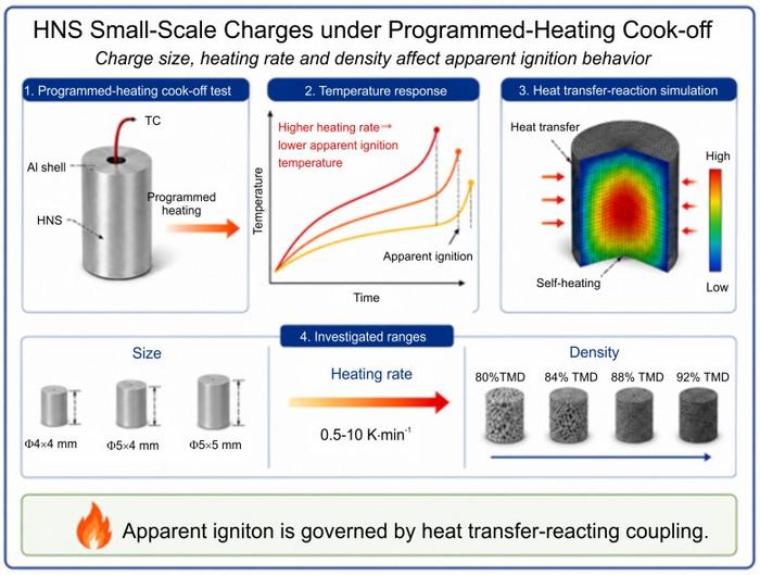 Programmed heating drives heat transfer from the shell to the interior of millimeter-scale HNS charges, while thermal decomposition gradually enhances internal self-heating.