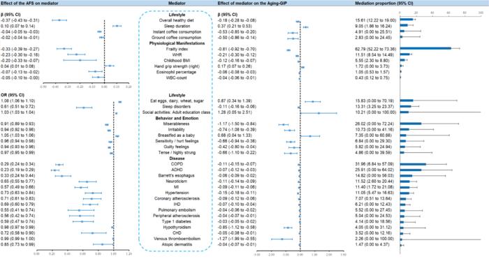 Potential pathways linking age at first sexual intercourse to multidimensional aging. The study identified frailty index, miserableness, chronic obstructive pulmonary disease, and attention-deficit/hyperactivity disorder as key mediators in the associatio
