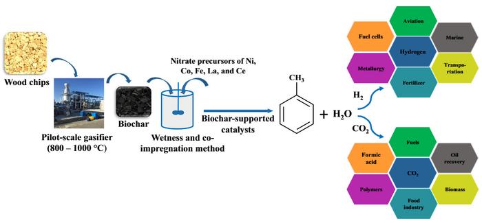Low-temperature steam reforming of toluene as a biomass tar model compound over biochar-supported catalysts