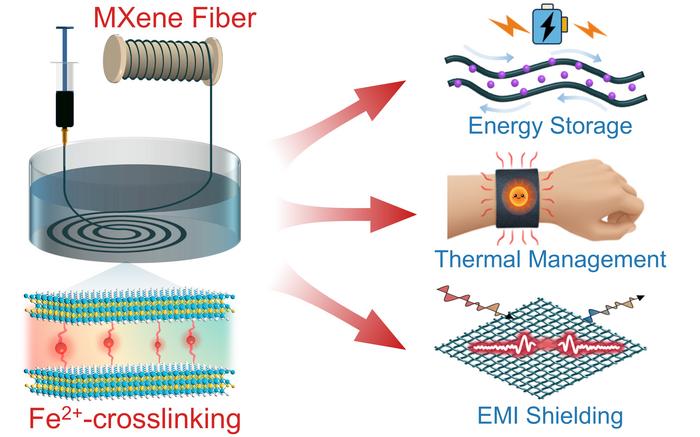 Fe2+-crosslinked MXene fibers enable multifunctional wearable electronic textiles