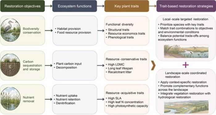 Restoration strategies should coordinate local- and landscape-scale processes by matching plant trait composition to site-specific ecosystem service objectives while promoting complementary ecosystem functions among different wetlands across the landscape