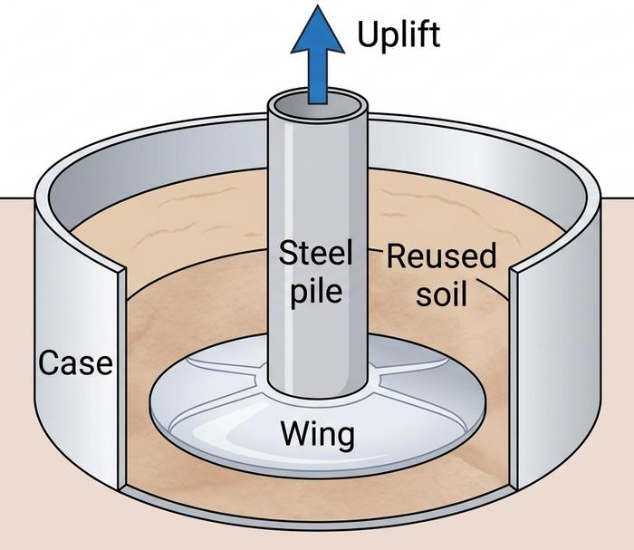Recycled Winged Composite Pile System to Reduce Soil Waste and Enhance Uplift Strength