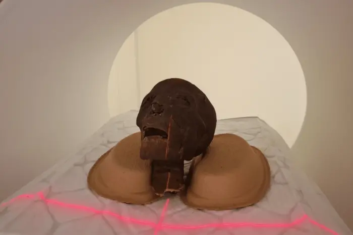 Egyptian female mummy head in photon-counting CT