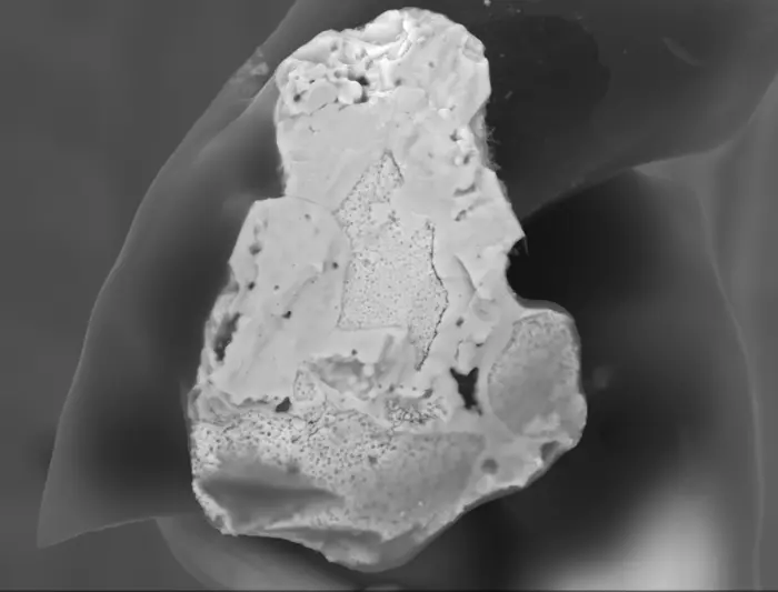 Hot particle from the 1986 reactor accident: The nuclear fuel particle is partially fused with zirconium oxide.