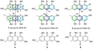 Figure 1. Chemical structures of compounds 1−6 (arbitrary enantiomers displayed for 1−3).