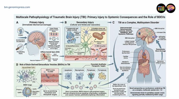 Traumatic brain injury (TBI) as a complex, multisystem disorder, and the role of brain-derived extracellular vesicles (BDEVs).