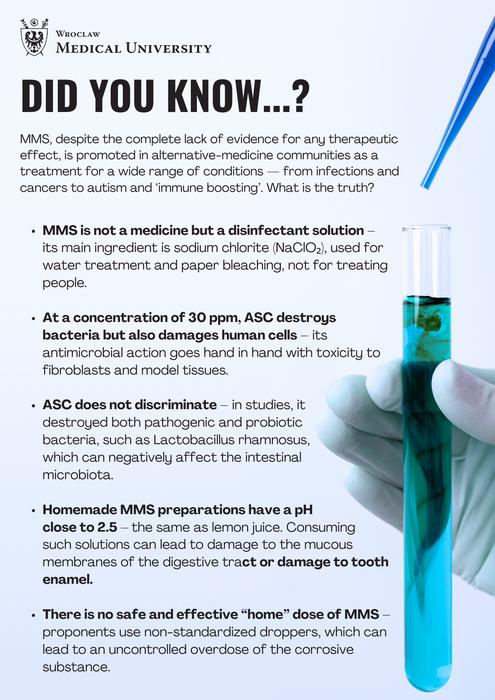 Infographic on the toxicity and health risks of MMS (Miracle Mineral Solution)