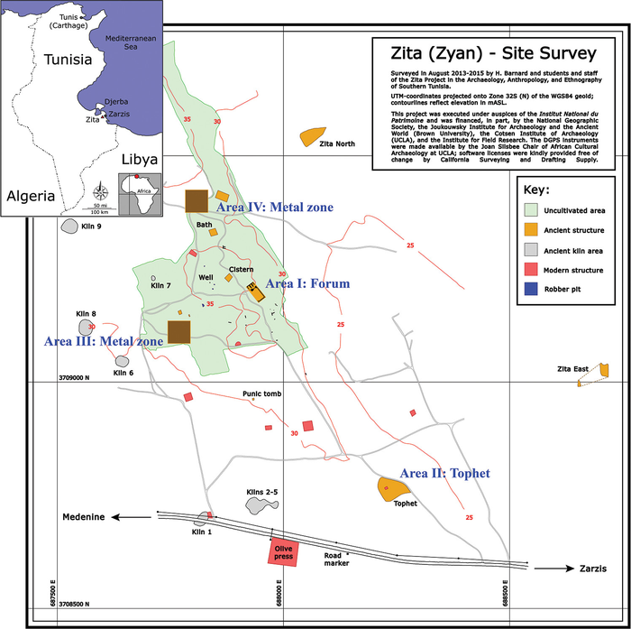 Map of the ancient remains at Zita, with areas of research indicated.
