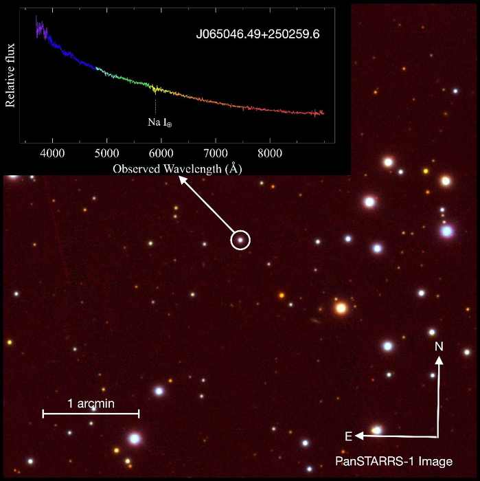 Example of the completely featureless optical spectrum of the BL Lac known as J065046.49+250259.6