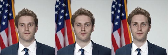 Figure 2.  An example of original-feminized pair of candidate headshots. From left to right: baseline version, slightly gender-nonconforming man version, and gender-nonconforming man version. All candidate headshots can be found in appendix 2.