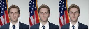 Figure 2.  An example of original-feminized pair of candidate headshots. From left to right: baseline version, slightly gender-nonconforming man version, and gender-nonconforming man version. All candidate headshots can be found in appendix 2.