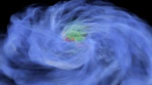Visualization of gas flows around a binary protostar system calculated by ATERUI III