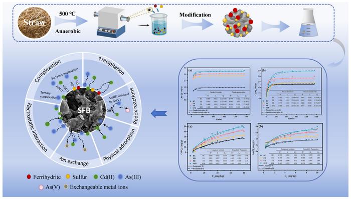 Sulfur-ferrihydrite-modified biochar for simultaneous immobilization of arsenic and cadmium in co-contaminated water/soil: performance and mechanisms