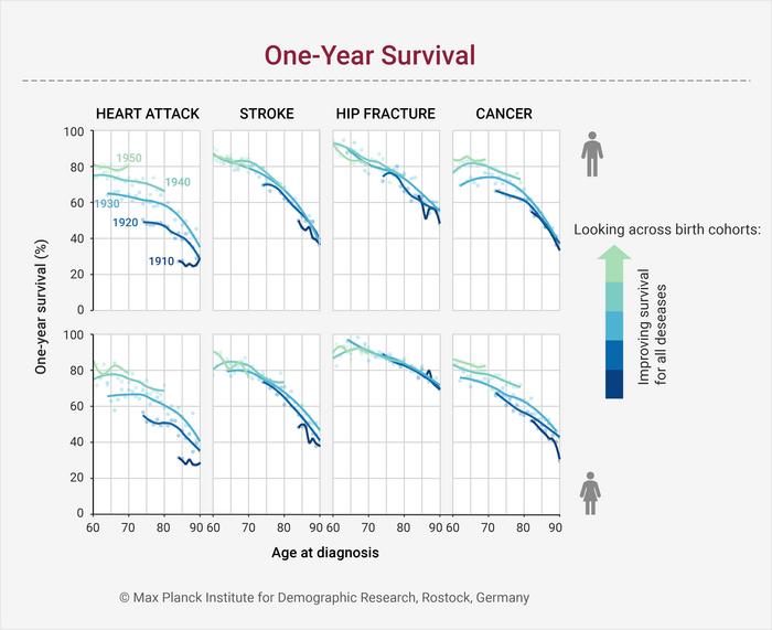 One-year survival proportion of heart attack, stroke, hip fracture, and cancer