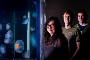 Nicole Xu photo with graduate students and jellyfish
