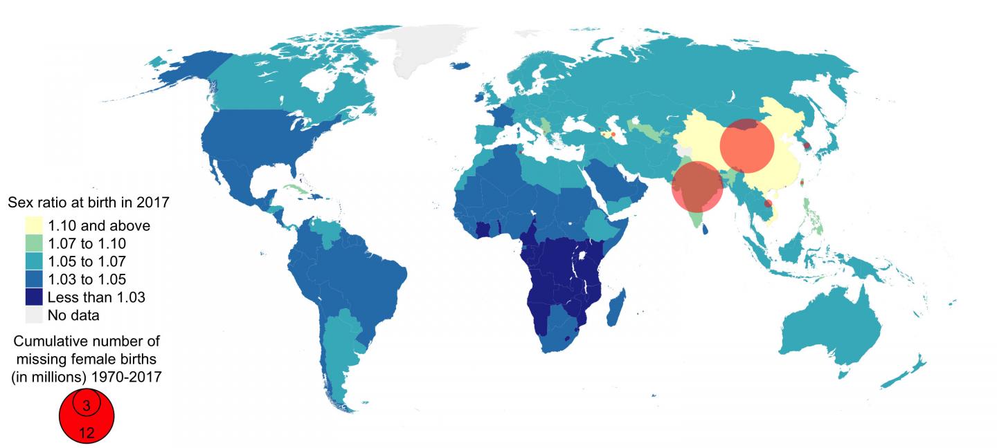 Sex ratio at birth in 2017 and the number of missing female births during 1970-2017.