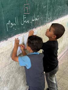 Students in a UNRWA temporary school, Gaza 2025