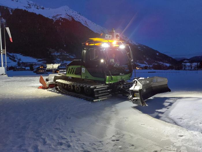 The snow groomer prepared for the test run.