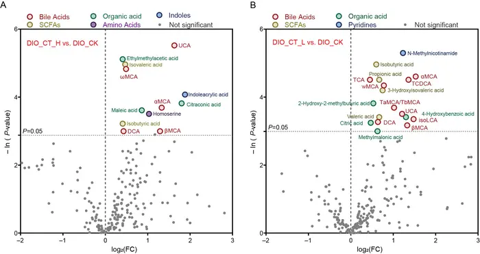 Analysis of metabolic differences in the cecal contents of DIO mice after high-dose and low-dose C. tenuis intervention