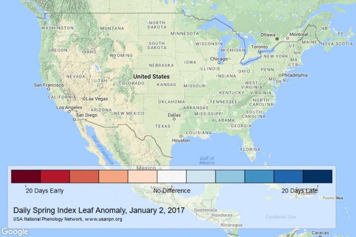 Map Showing Early Arrival of 2017 Spring in the USA