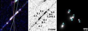 Zoom-in on the mirrored star clusters in the Cosmic Gems arc; negative version of the star clusters; star clusters “behind” the gravitational lens