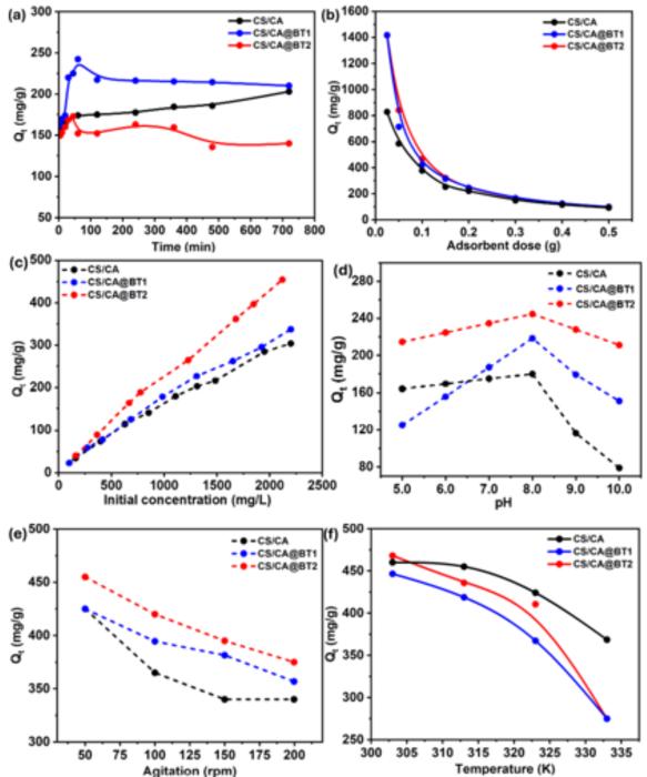 Adsorption kinetics of the chitosan/cellulose acetate@bentonite (CS/CA@BT) composite beads under different conditions