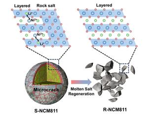 Molten salt regeneration of single-crystal LiNi0.8Co0.1Mn0.1O2 from end-of-life cathodes