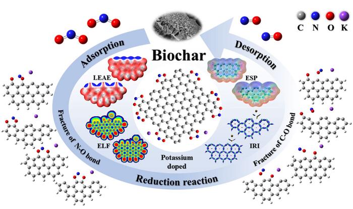Density functional theory study on the microscopic mechanism of NO2 adsorption and reduction by potassium-doped biochar: the key role of the active sites