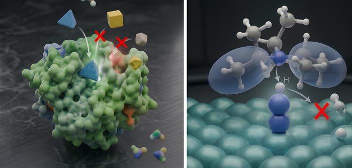 (Left) Enzymes that selectively convert substrates into desired products in nature. (Right) Conceptual illustration of this study applying enzymatic principles to interfacial reactions on catalytic electrodes.
