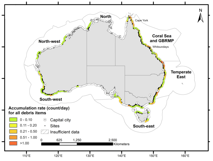 A map of the accumulated count (per day) of all debris averaged per clean-up site