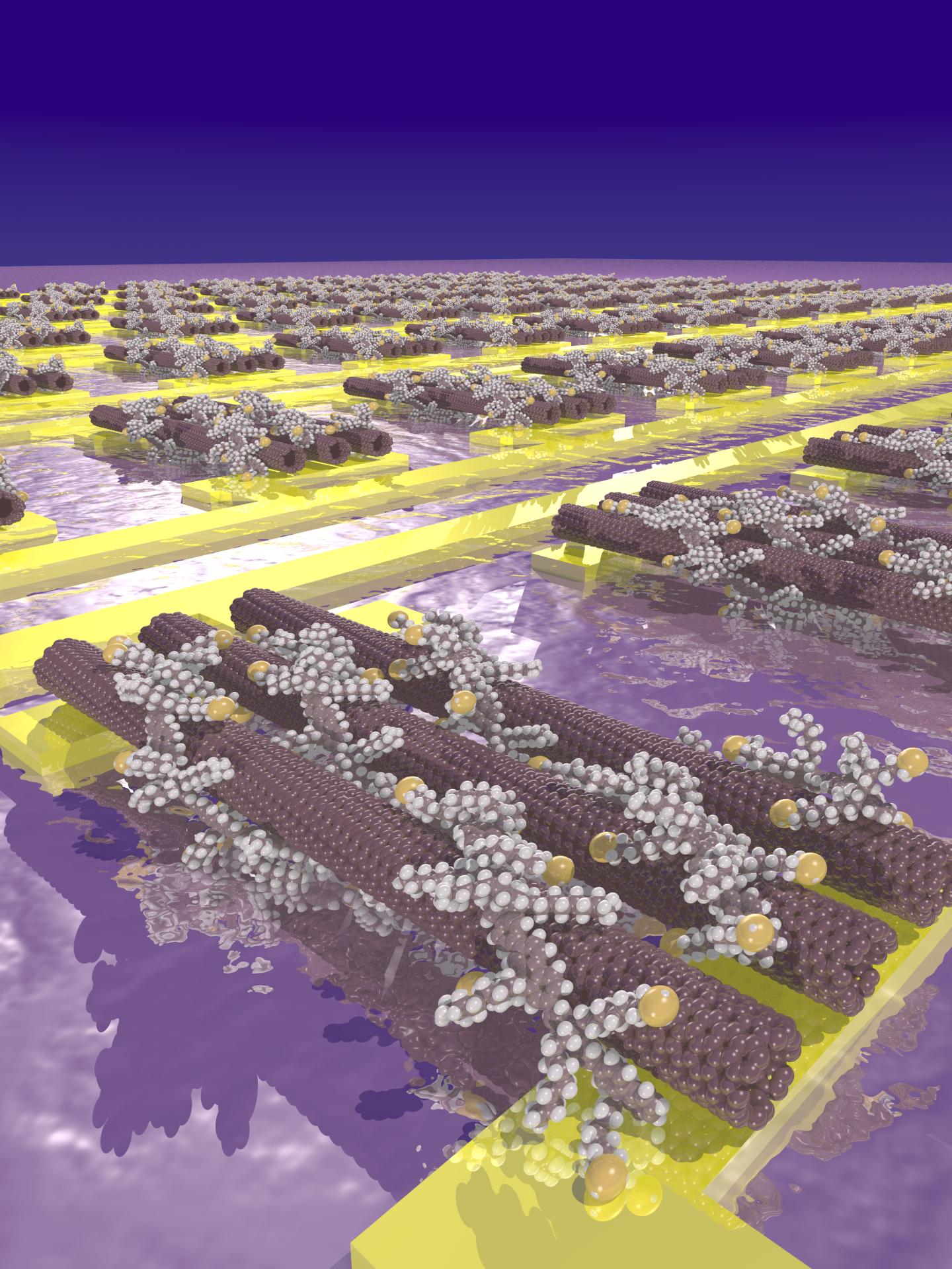 Artist's Impression of Carbon Nanotubes Wrapped in Polymers with Thiol Side Chains