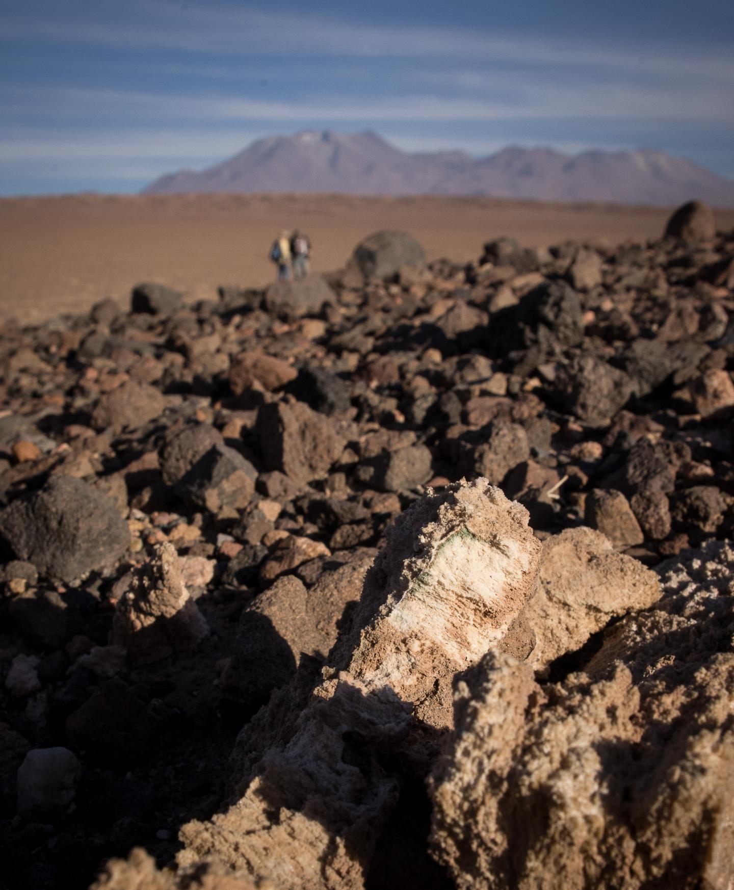 The Atacama Desert in Northern Chile with gypsum rocks in the foreground.
