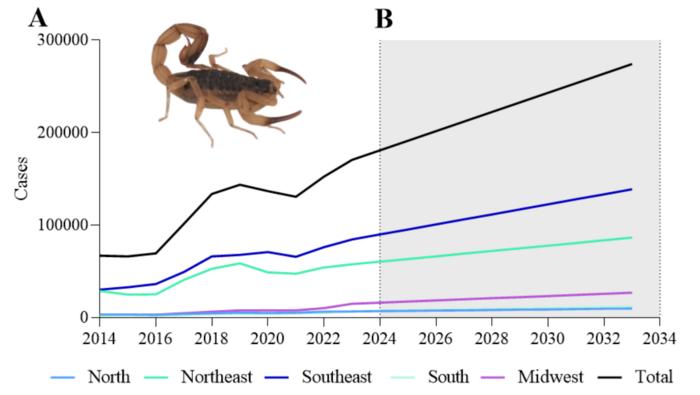 Reported and projected cases of scorpionism in Brazil