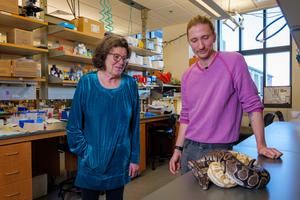 Leslie Leinwand and Skip Maas in the lab with snakes